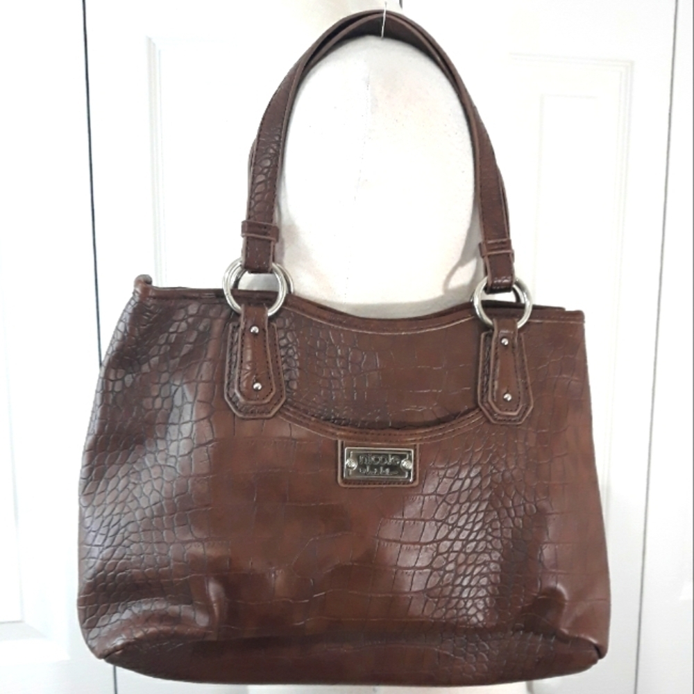New Nicole by Nicole Miller Bag Brown Alligator Embossed Shoulder Compartments